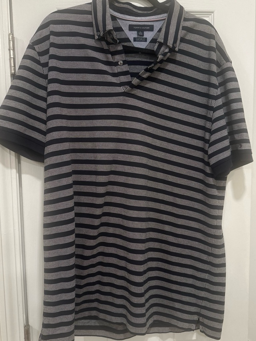Tommy Hilfiger Men's Navy and Gray Striped Polo Shirt